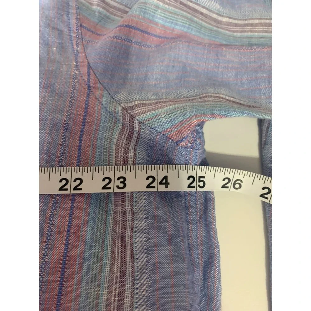 Caribbean Men Large Linen Cotton Stripe Button Down Shirt Blue Roll Tab Beach XL